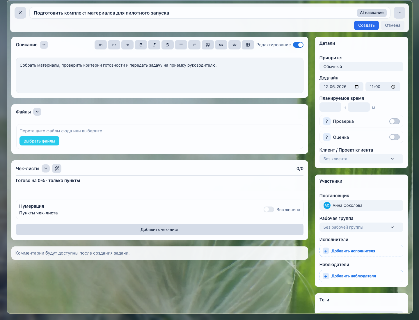 Детали постановки задачи в LadVen OS