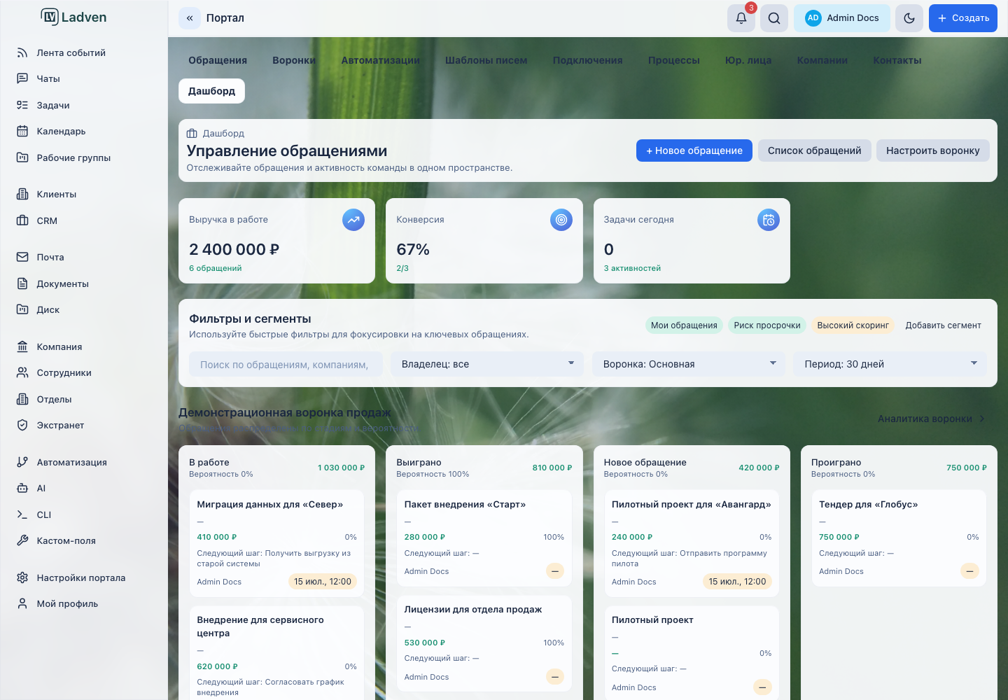Дашборд CRM: выручка в работе, конверсия и сделки по стадиям — сводная картина в реальном времени